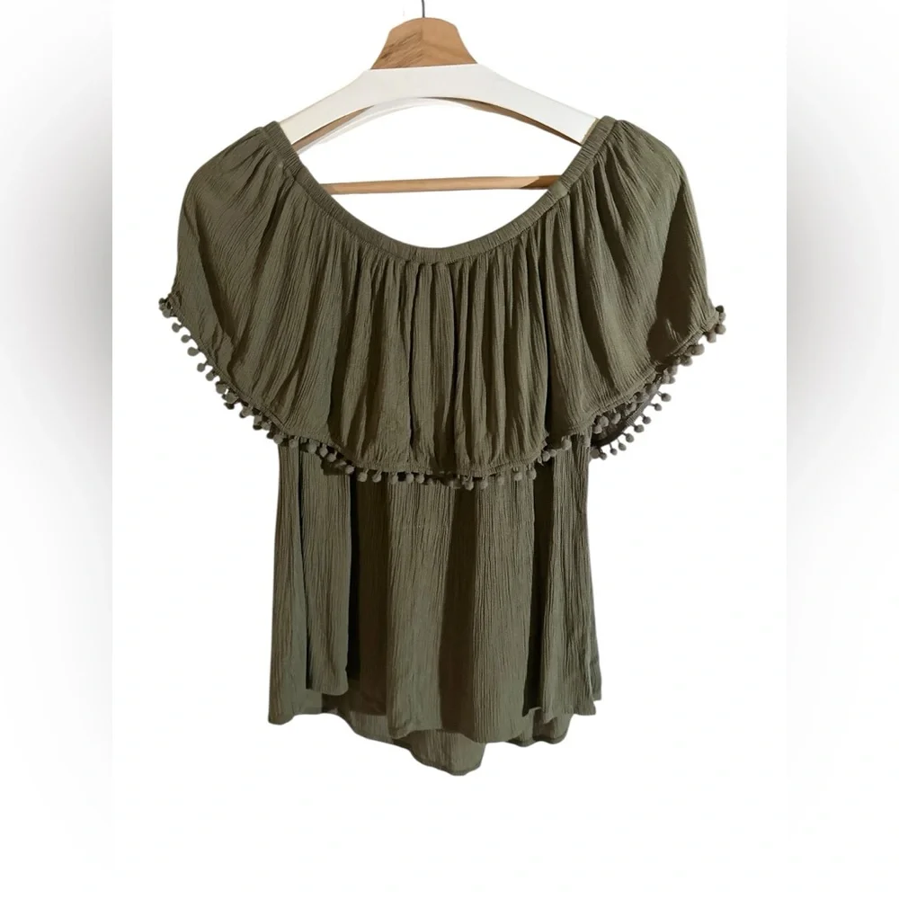 Blue Rain | Embroidered Olive Green Women's Shorts Sleeve Rayon Peplum Top - Picture 2 of 15